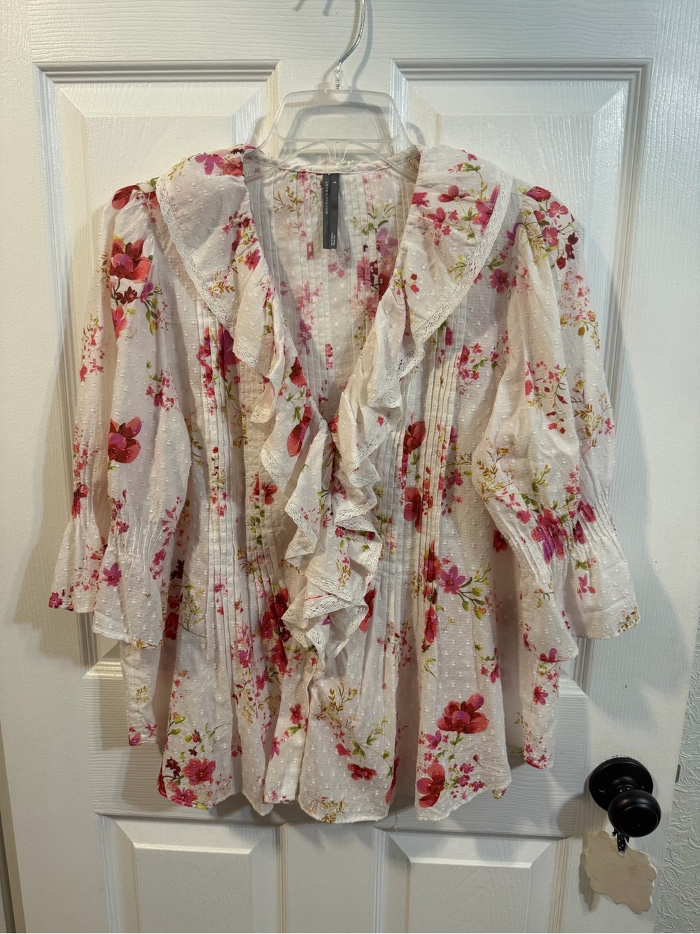 Anthropologie White Blouse with Pink & Red Floral Ruffle Front